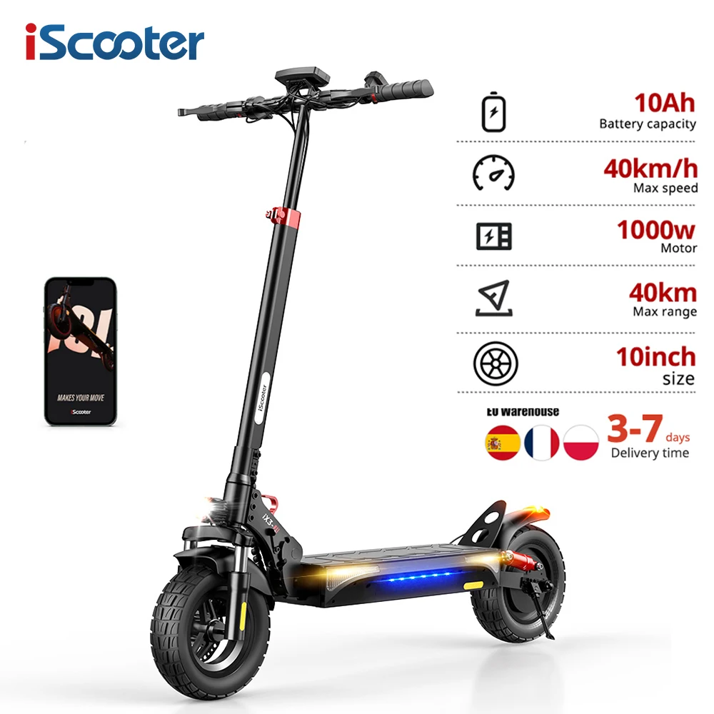 Trottinette électrique puissante iScooter 1000W, 48V10Ah, 40 km/h, autonomie maximale de 40 km, pneus tout-terrain de 10 pouces, pliable, avec application.