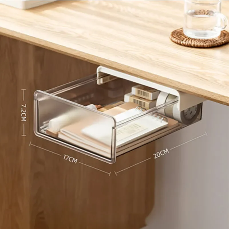 Clear Under Desk Hidden Drawer Office Storage Box Organizer Drawer Desk Supplies Holder Rack Memo Pen Stationery Storage Tray