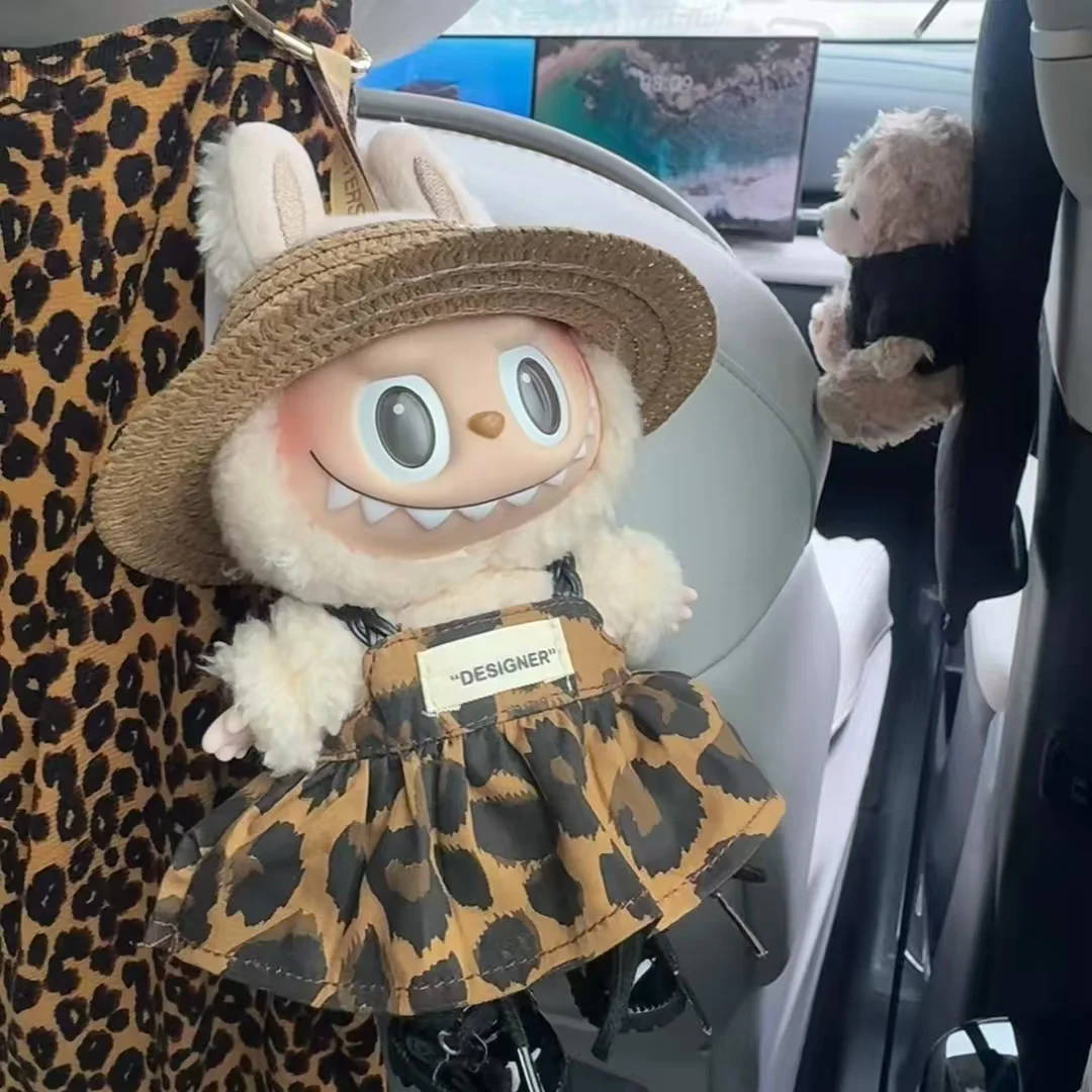 

Suitable for 17CM labubu Doll Clothes Accessories Straw Hat Leopard Print Shoulder Skirt Birthday Gift Children's Toys
