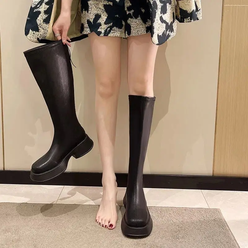 Ladies Boots Tassel Shoes for Women White Footwear Winter Knee High Shaft Square Toe Long on Promotion Fashion 2024 Sale Pu Boot