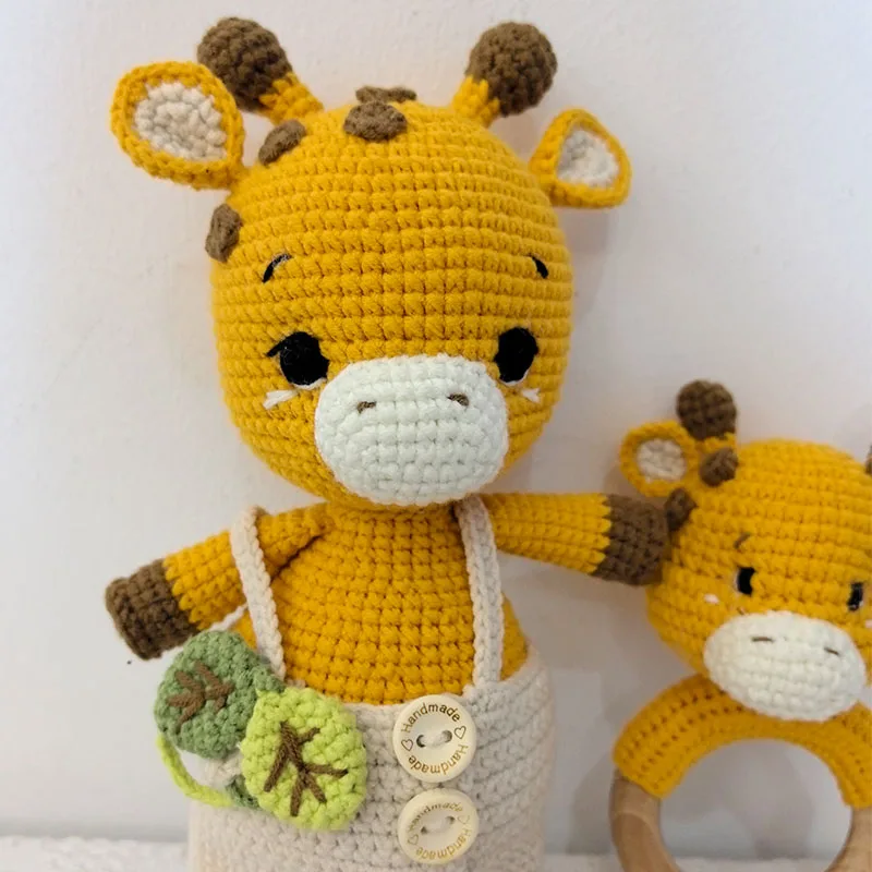 Crochet Giraffe Baby Rattle Newborn Bunny Rattle Toy Wooden Molar Teething Ring Pacifier Clips Chain Set Baby Stuff Dolls