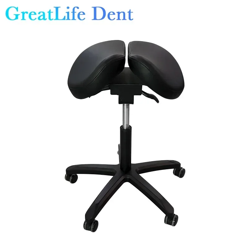 GreatLife Dent Dental Ergonomischer Luxus-Sattel aus Pu-Leder, drehbar, verstellbare Doppelbeinstütze, Stummschaltung mit Radrückenlehne, Klinikstuhl