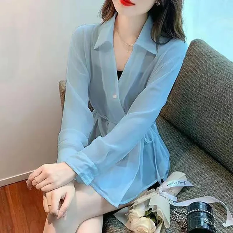 Fashion Lapel Button Solid Color Gauze Bandage Shirts Female Clothing 2024 Spring Summer New Loose All-match Tops Casual Blouses