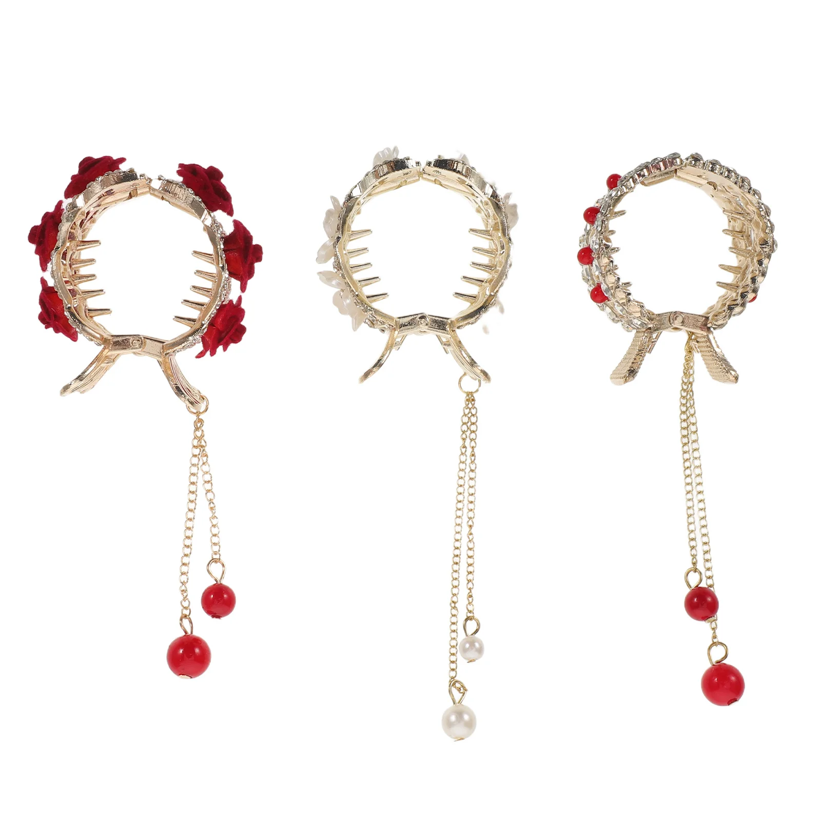 

3Pcs Ponytail Claw Clip Alloy Flower Tassel Pearl Decorative Nonslip Hair Accessories for Women Hair Claw Clips