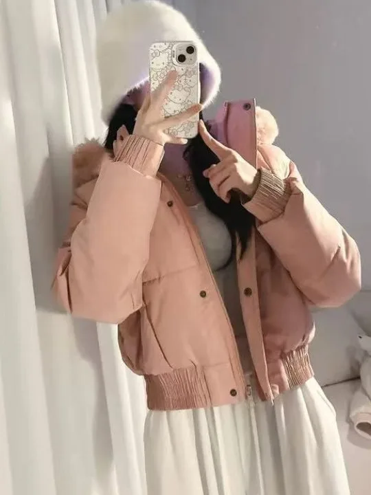 Korean Sle Hooded Bread Coat Women's Faionable Fur Collar ort Zipper Design Thi Warm Fce Lined Cotton Jaet Outer...