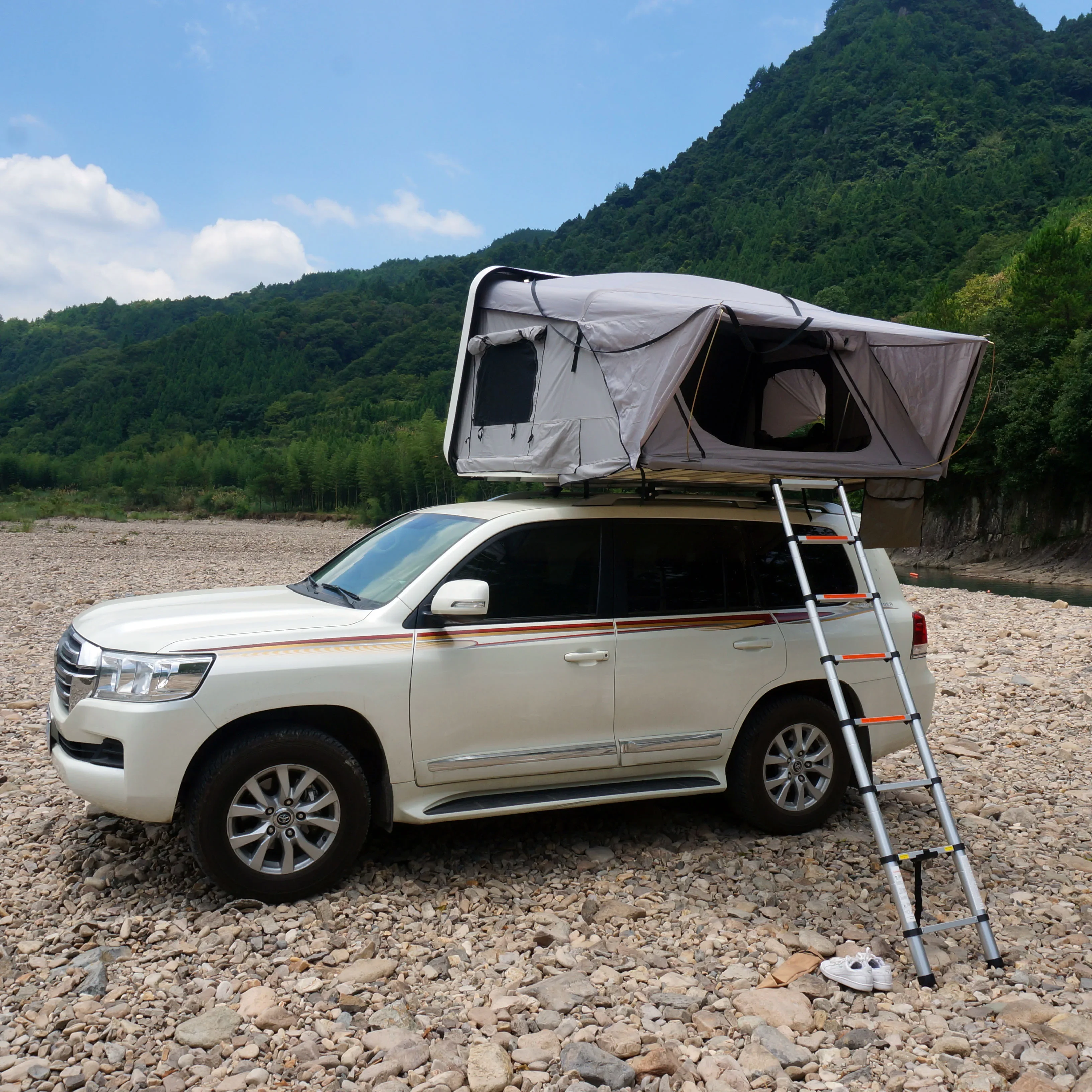 600D ripstop polyester canvas hard cover roof top tent camping aluminum 2 person roof top tent car