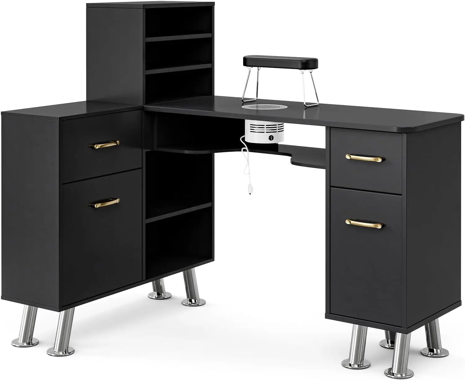 #L-Shaped Manicure Table Nail Station w/ Shelves Dust Collector Storage Cabinets Drawers Metal Handles Legs, Customized