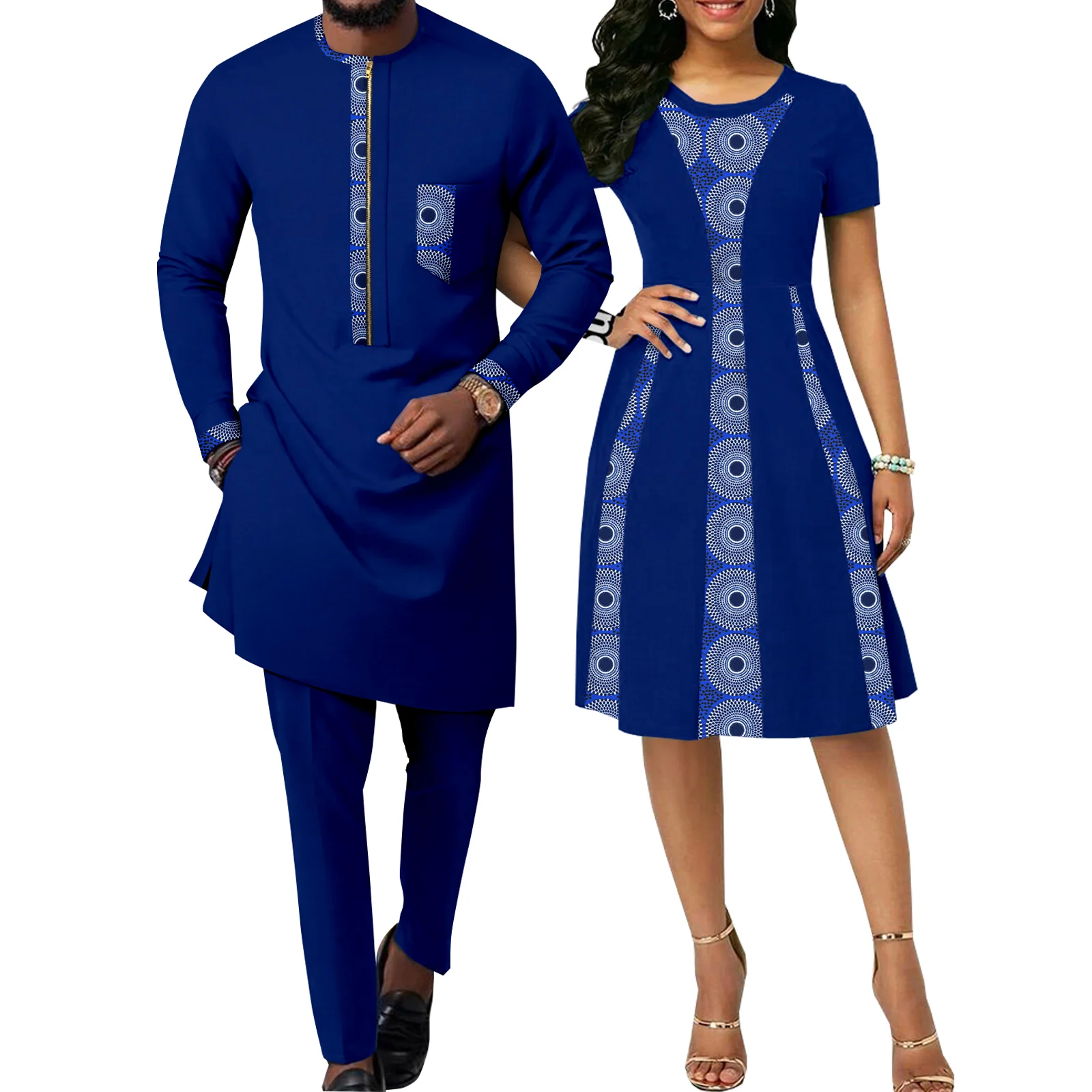 

African Print Dresses for Women Matching Couple Clothes Dashiki Men Zipper Shirt Top and Pants Sets Bazin Riche Kaftan Y22C055