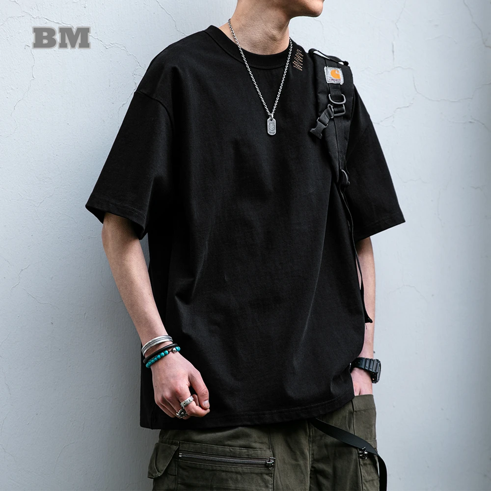 

Japanese Streetwear Heavyweight Combed Cotton Crew Neck T-Shirt Men Summer Oversized Embroidered Short Sleeve Casual Trendy Top