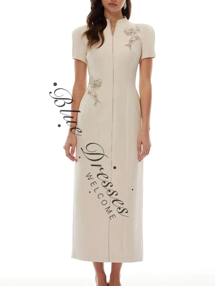 customized Women Short Sleeve Beaded Embroidery Tailored Waist Back Slit Design for Formal Event