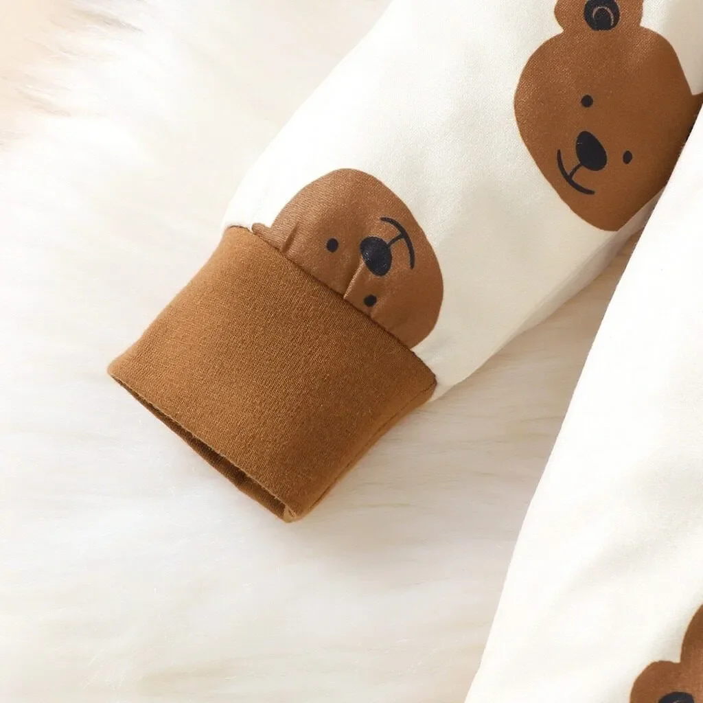 2 قطعة ارتداءها الخريف الوليد بيبي بوي بأكمام طويلة الدب طباعة رومبير قبعة لطيف الرضع الصبي ارتداء اليومي للأطفال الصغار 1-18 أشهر