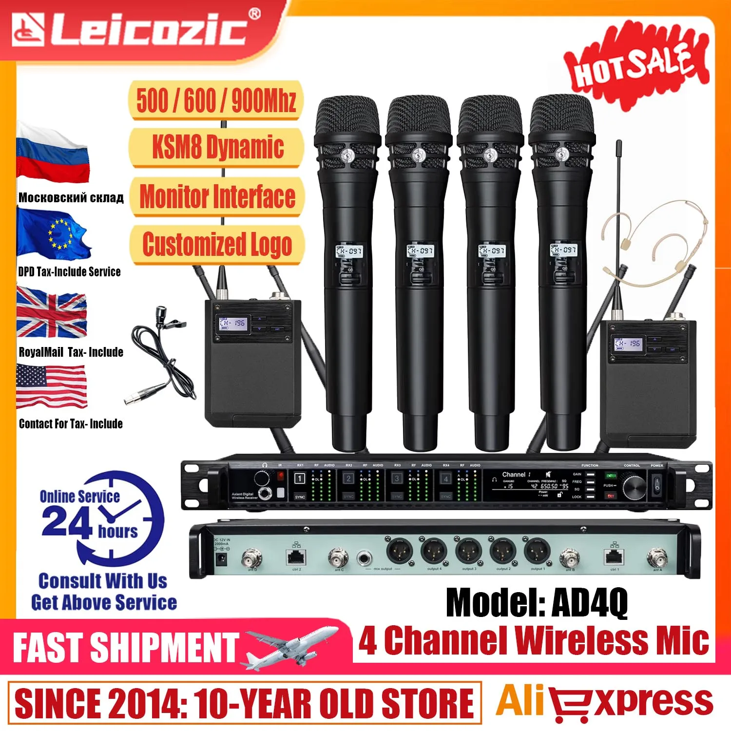 Leicozic 4-Channel Mic Full Set AD4Q KSM8 Dynamic Professional Microphone Wireless Radio System 4-Channel Microfone For Stage
