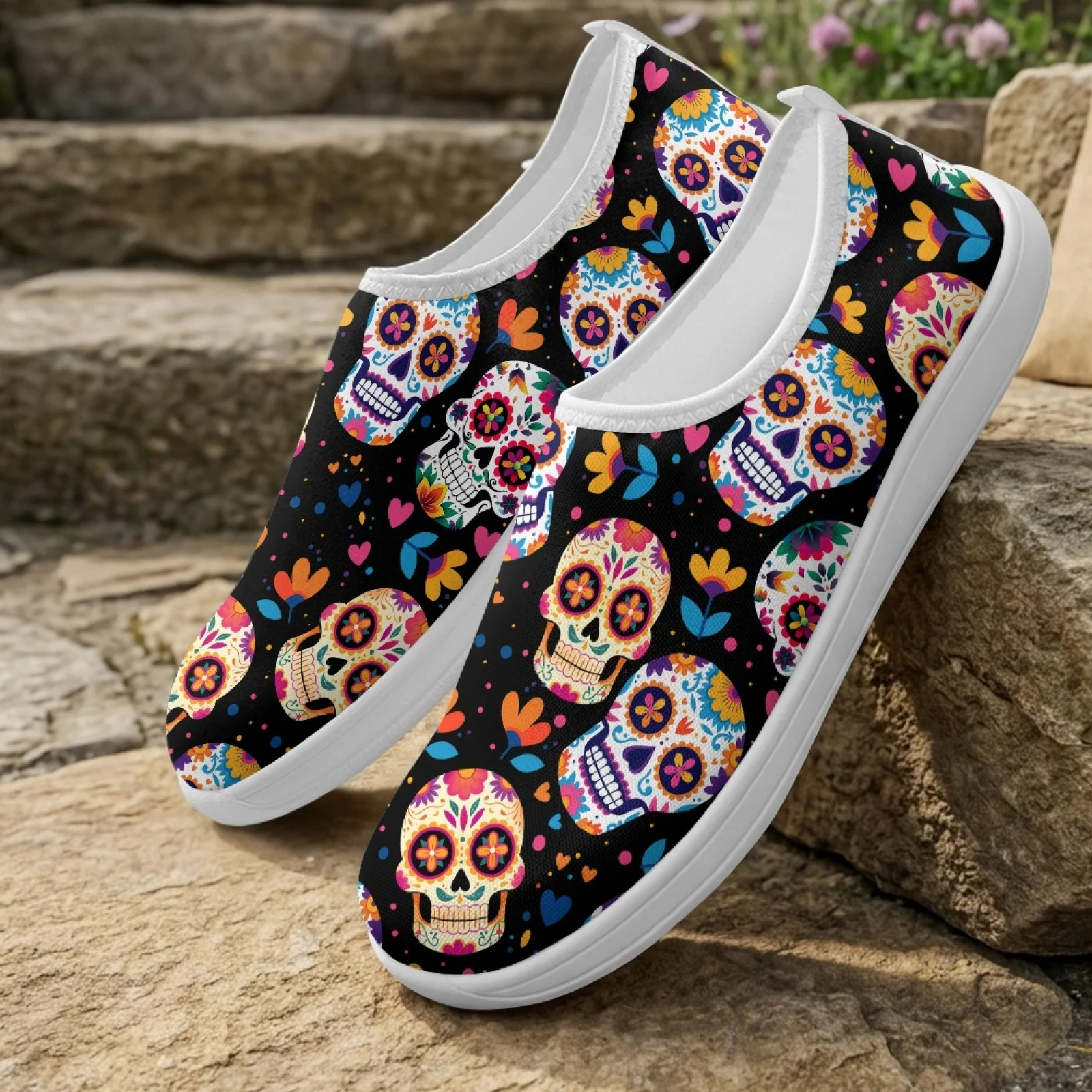 XIXIRIMIDO Women's Slip-on Wide-toed Shoe Nurse Shoes Men's Sneakers Casual Shoes Zapatillas de Mujer Tenis Feminino Sugar Skull