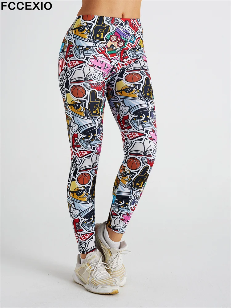 FCCEXIO Cartoon Sticker Letters Print Women Pants Push Up Running Sports Leggings Slim Pants Casual Trousers Fitness Sexy Leggin