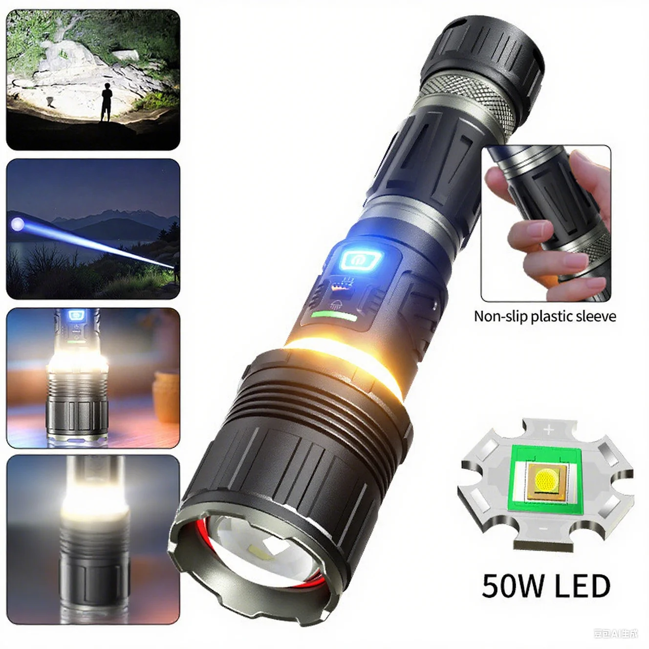 

50W LED Ultra-bright Long-range Flashlight Telescopic Zoom Torch USB Rechargeable Flashlights with Digital Display