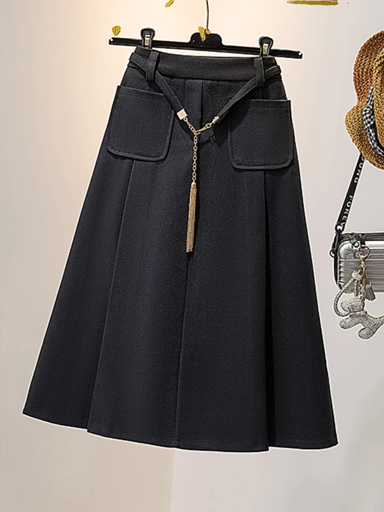 2023 Autumn/Winter Mid length High Waist A-line Wool Knit Slim Half Skirt Design Feel Fat mm Fashion Versatile100kg