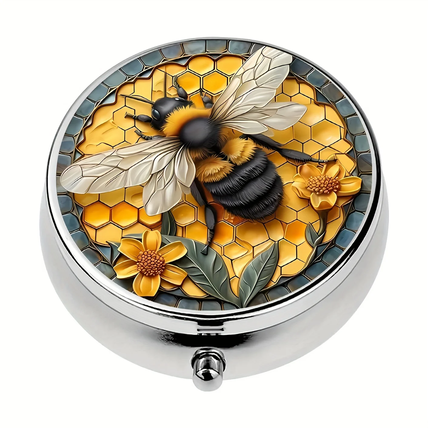 Bee Pill Box with 3 Compartments,Mini Portable Case Organizer,Decorative Metal Vitamin Holder for Pocket