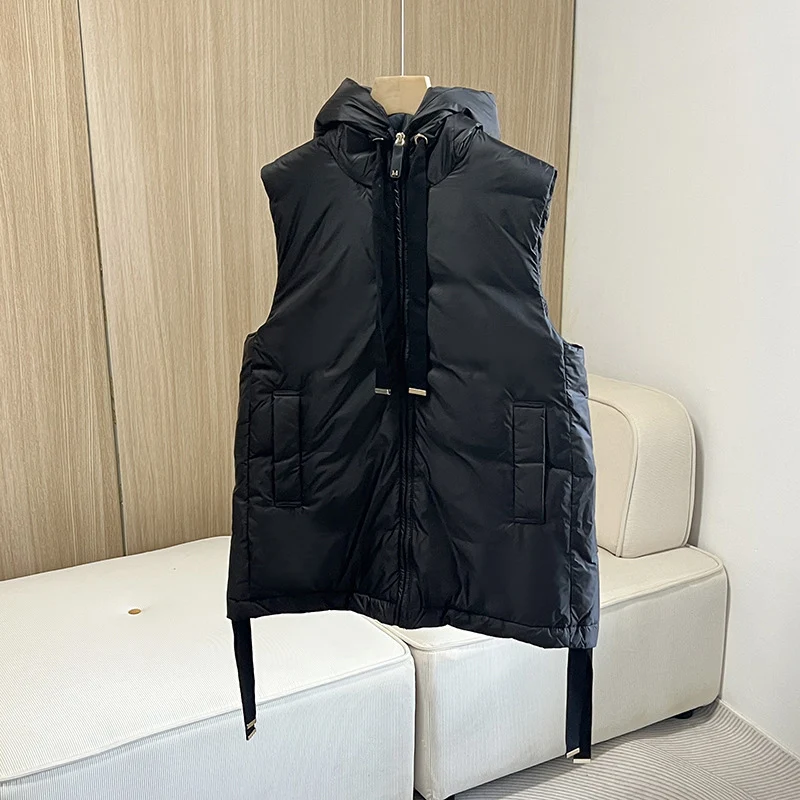 

Simple Solid Color Fashion Autumn Winter Top 2026 Women White Duck Down Vest with Hood Casual Sleeveless Jacket