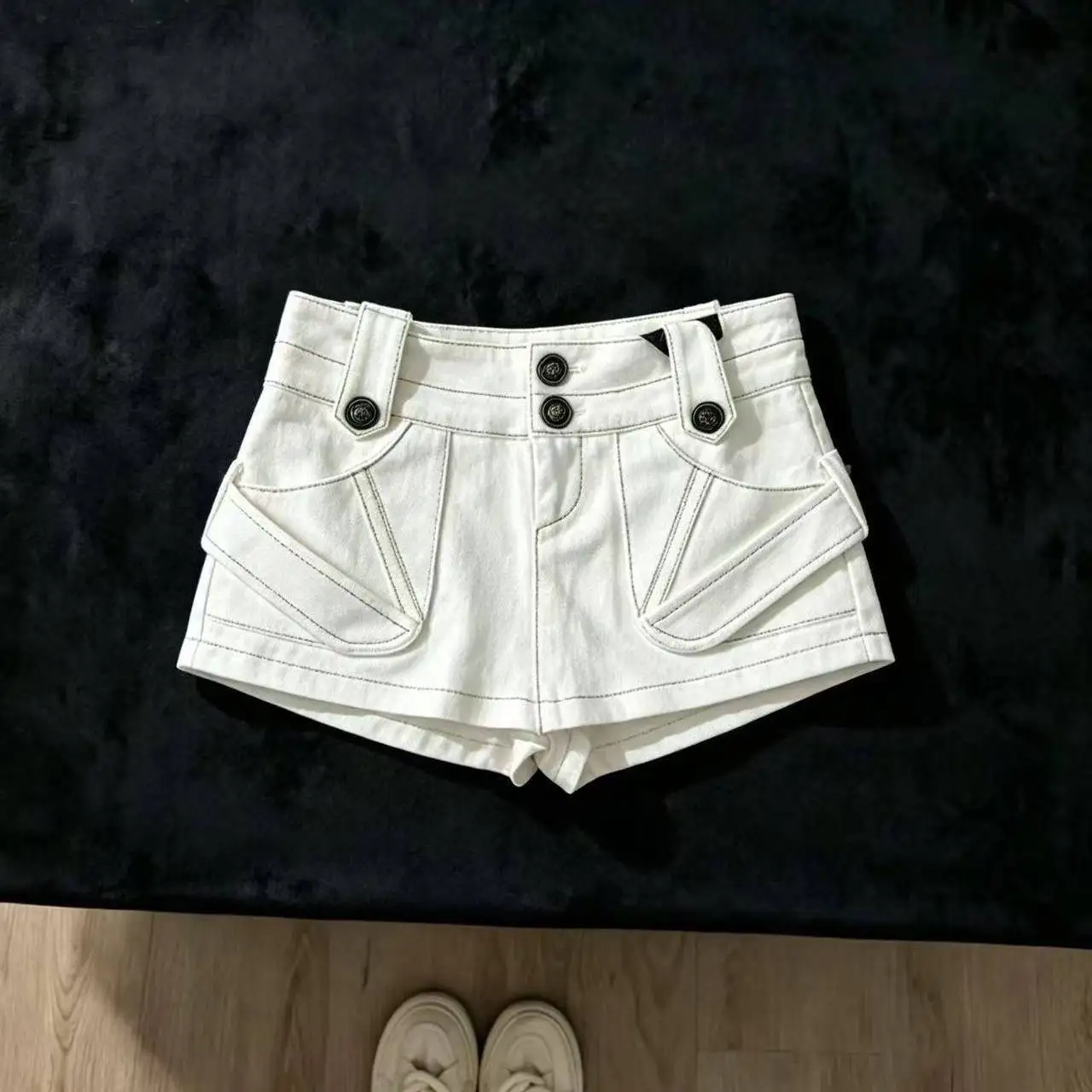 White Tooling Denim Skirt Women Design Sense Low Waist Thin Spice Girl Hot Pants Culottes