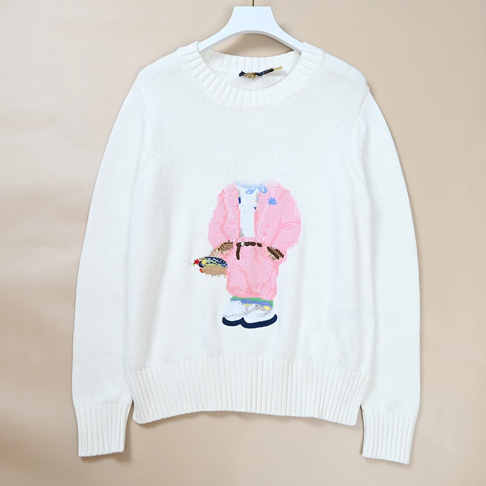 Autumn Winter New Style Women's Classic Embroidered Cartoon Pattern Knitted Sweater Loose Fit Versatile Adorable Anti-Aging