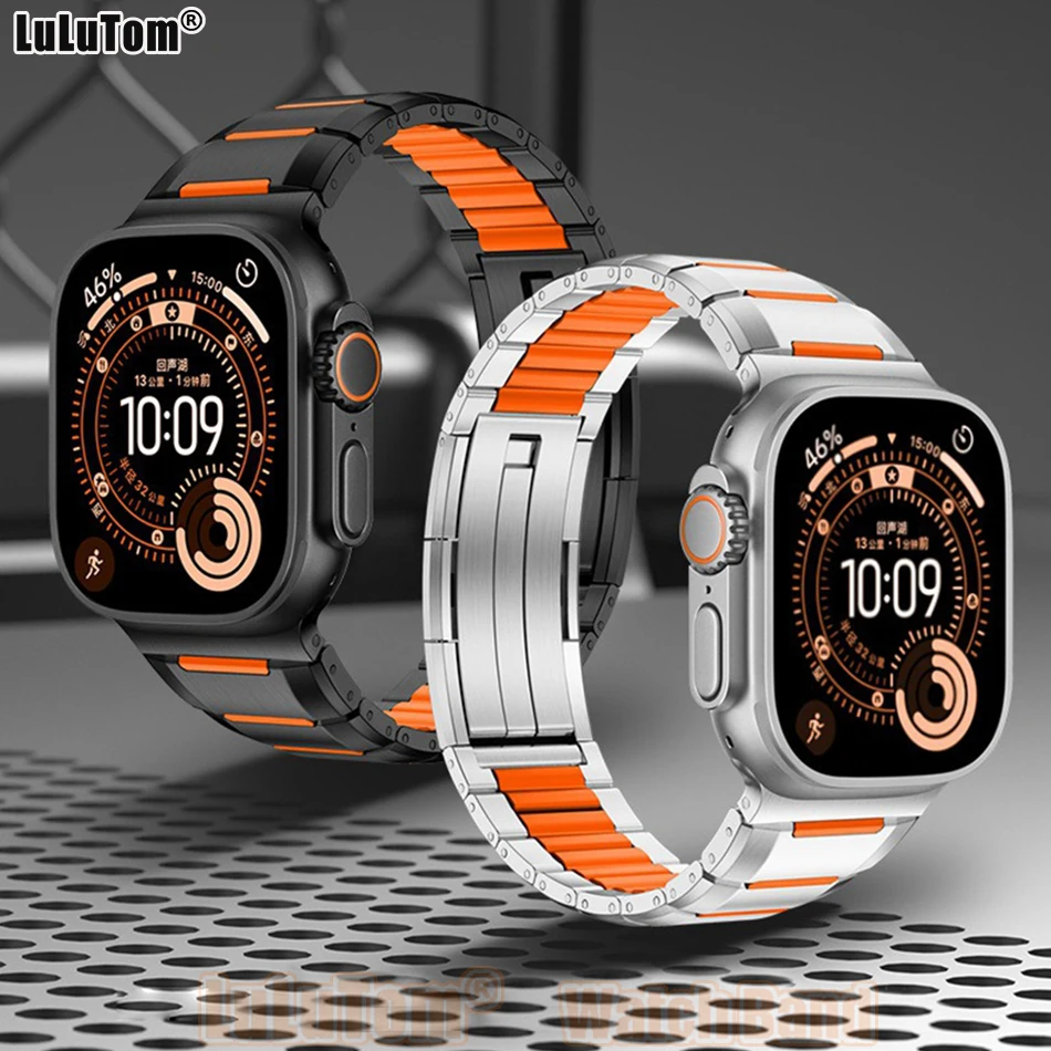 Rubber Stainless Steel Strap for Apple Iwatch Series 11 10 9 8 7 6 5 4 3 SE Ultra 38 40 41 42 44 45 46 49 mm Button buckle Bands
