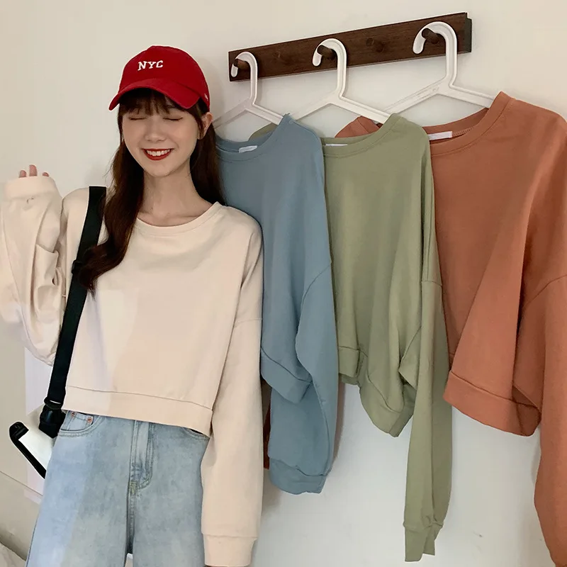 

Women's Loose round Ne ort Sweatirt Cotton T-irt ort Top Casual Sportswear Eight-Sve Pure Color Teenage Size