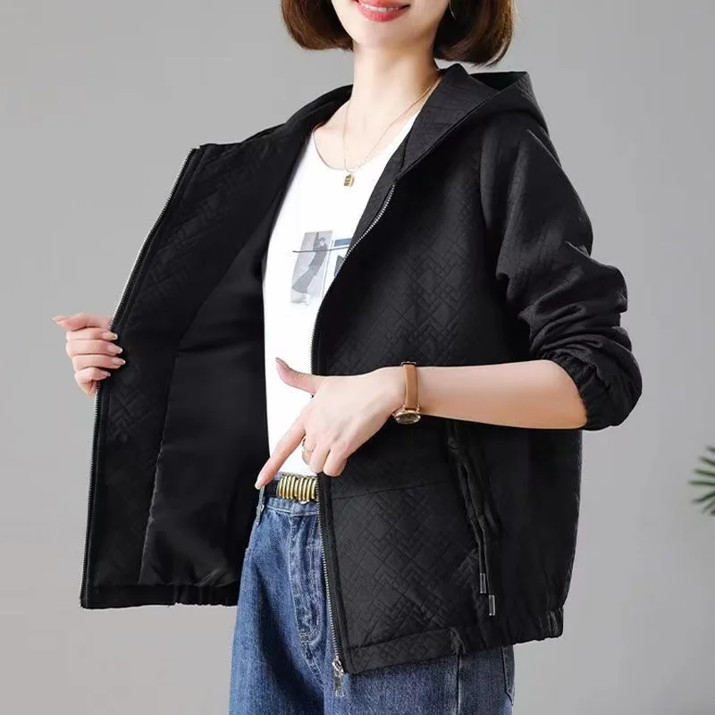 2024 New Autumn Fashion Women Jackets Long Sleeve Windbreaker Female Causal Short Loose Hooded Splicing Basic Coats Outwear 5XL