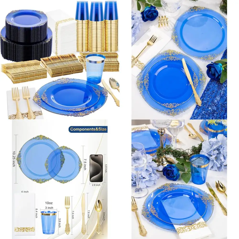

Набор одноразовой синей пластиковой посуды на 50 гостей: 100 тарелок, столовое серебро 150, элегантные золотые акценты