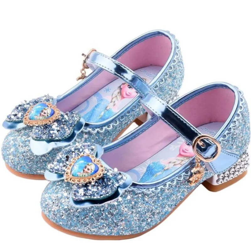 

Frozen Elsa cartoon girls casual shoes children's high-heeled shoes elsa princess frozen cartoon bowknot leather shoes