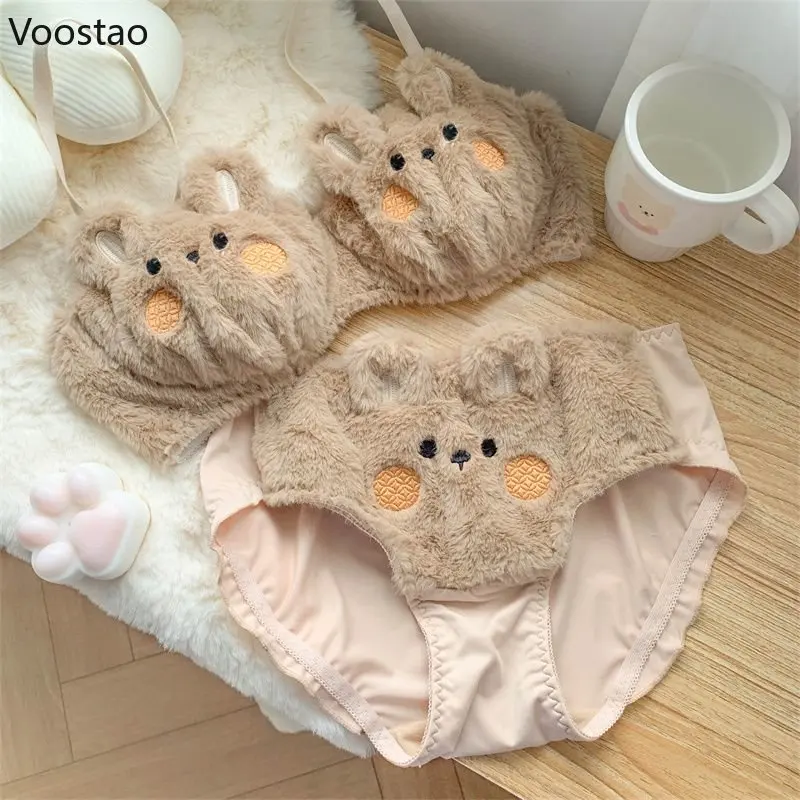 Autumn Winter Kawaii Lolita Bra and Panty Set Sexy Cute Plush Bunny Cartoon Underwear Women Sweet Bear Ears Lingerie Briefs Set