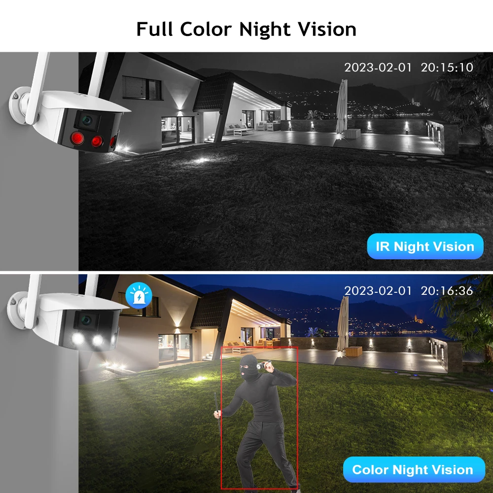 Techage 4MP Dual Lens Wifi IP Camera 180° Ultra Wide View Angle Outdoor Cameras AI Human Detect Color Night Vision Surveillance