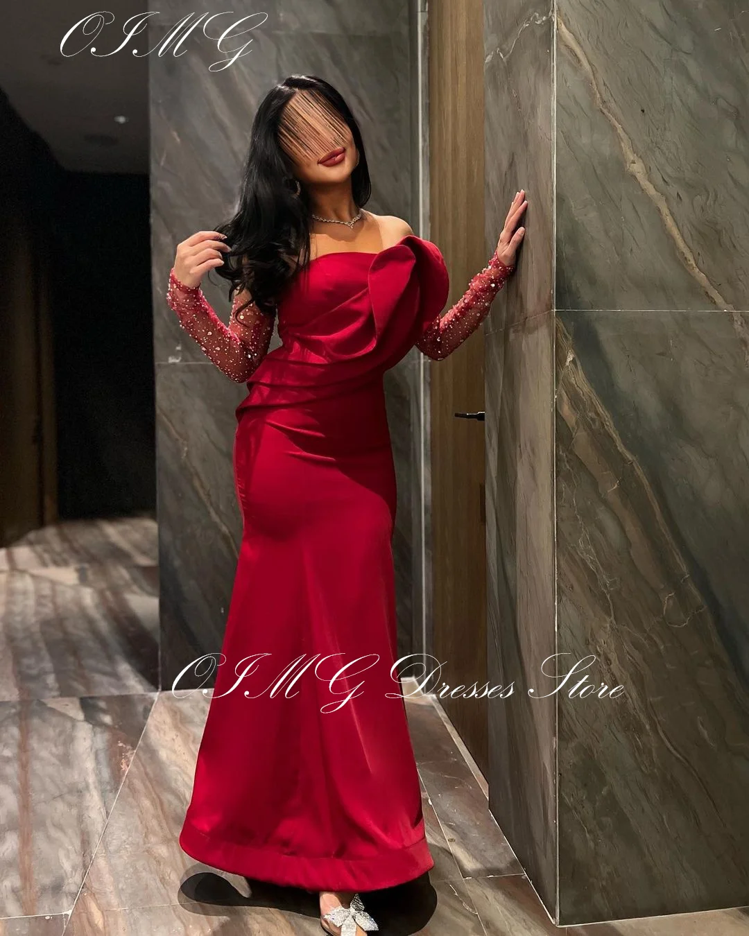 

OIMG Gorgeous Red Prom Dresses Sequined Sleeves Sheath Women Satin Strapless Ruched Evening Gowns Occasion Formal Party Dress