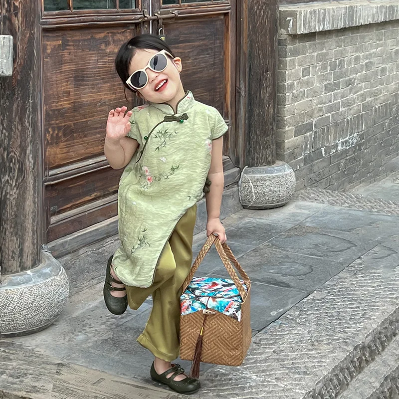 New Chinese Style Children's Clothing Summer New Little Girl Chinese Style Floral Cheongsam Top High-Grade Pants Suit-WS