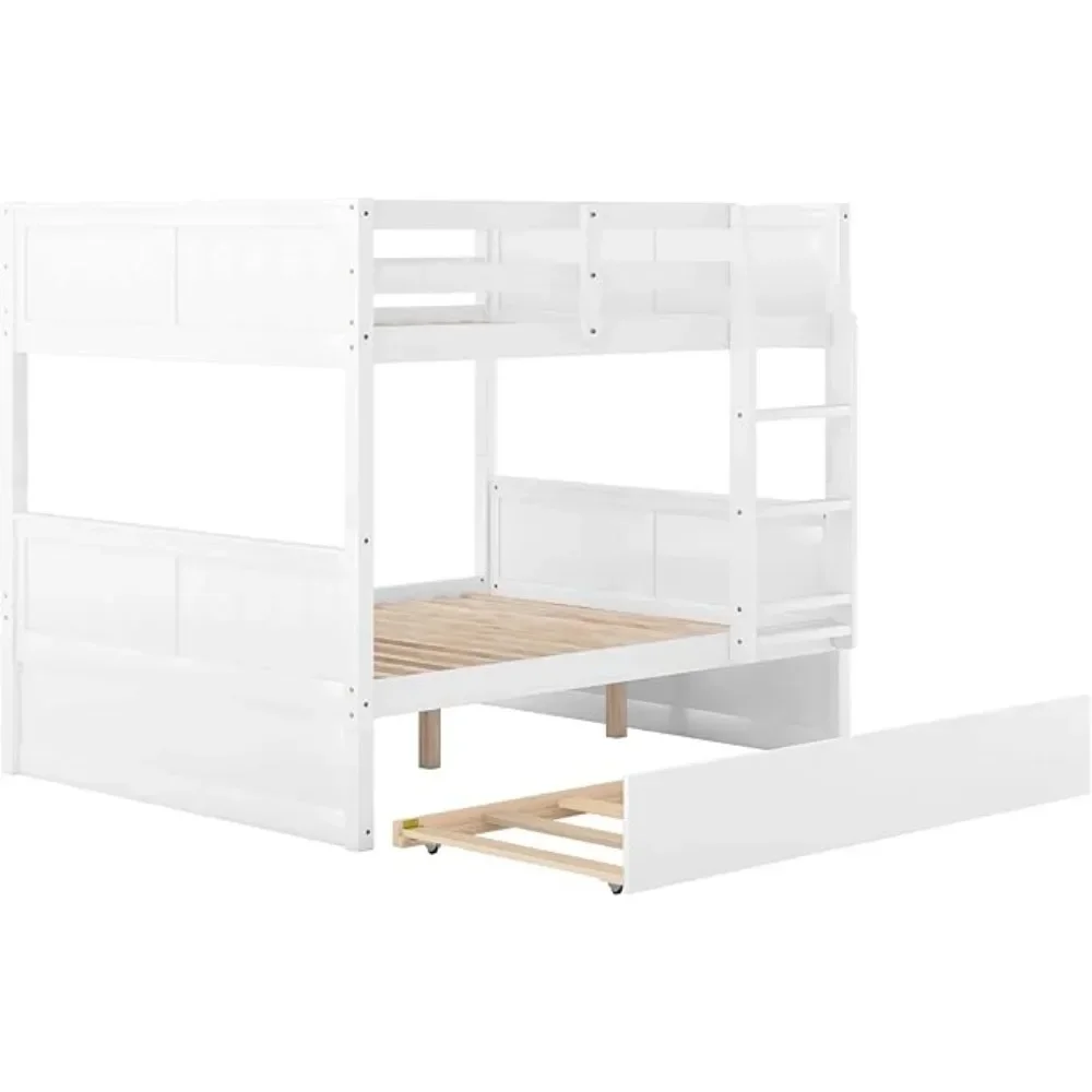 Full Over Full Bunk Beds with Trundle for Teens Solid Wood Bunk with Headboard and Footboard, White Convertible To 2 Beds