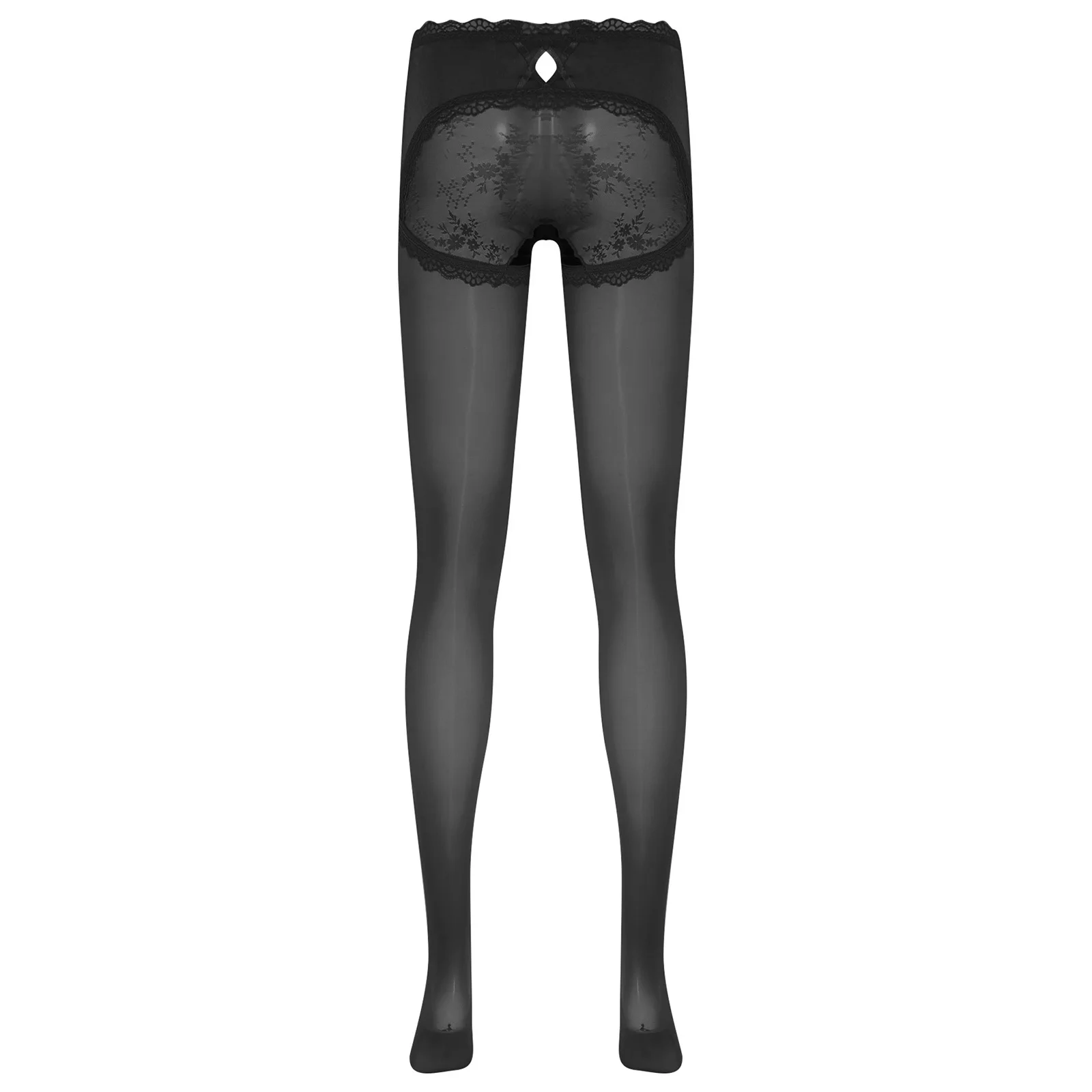 Womens Glossy Satin Pantyhose Lingerie Sheer Floral Lace Patchwork at Butts High Waist Tights Leggings Sexy Bodystockings
