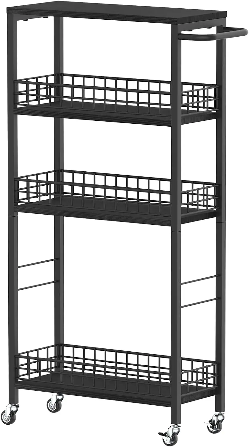 

Тонкая 4-ярусная кухонная тележка на колесиках с ручкой, современный черный органайзер для небольших помещений