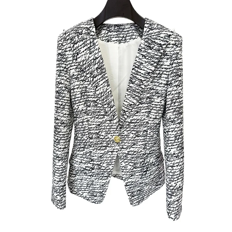 High Quality Alphabet Print Blazer Jacket Ladies Lion Head One Button New in Outwears Female White Long Sleeves Slim Suit Women