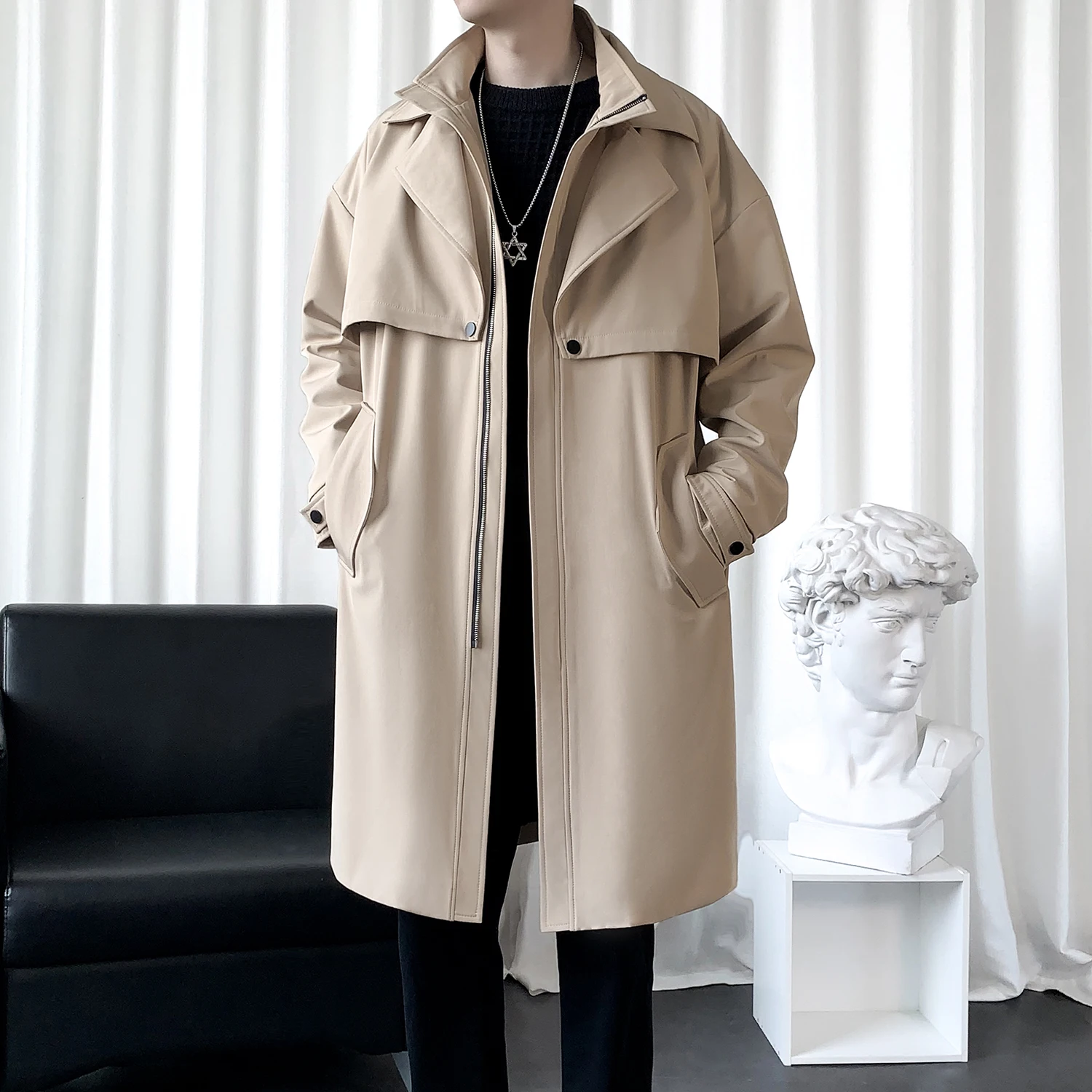 Fake Two Long Windbreakers Loose Oversized Zipper Wtrench Coat Bilayer Turn-Down Collar Menswear Casual Versatile Men's Clothing