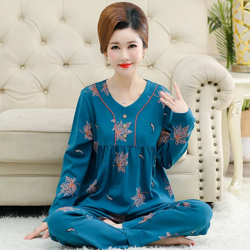 

Autumn Pajamas For Women Cotton Long Sleeve Sleepwear Home Wear New Middle Aged Mother Two-piece Winter Set Pyjama Pour Femme