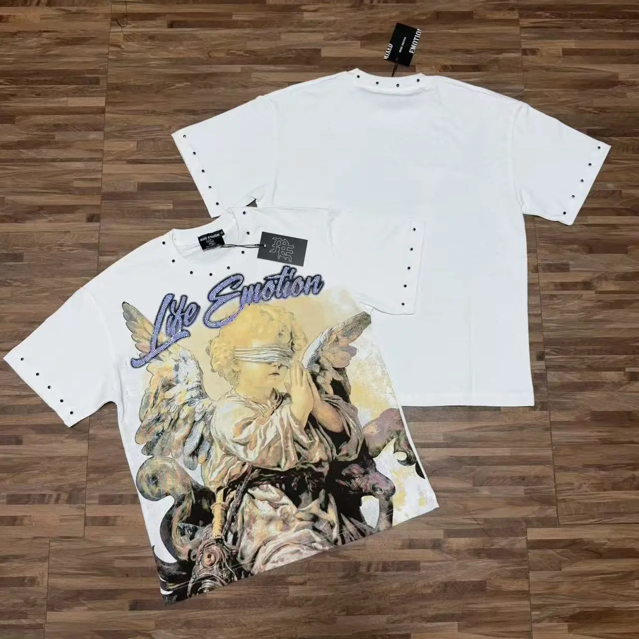 Mixed Emotion American Trendy Brand Angel Print High Street Rhinestone Heavyweight Pure Cotton Short Sleeve T-Shirt Citywalk ...