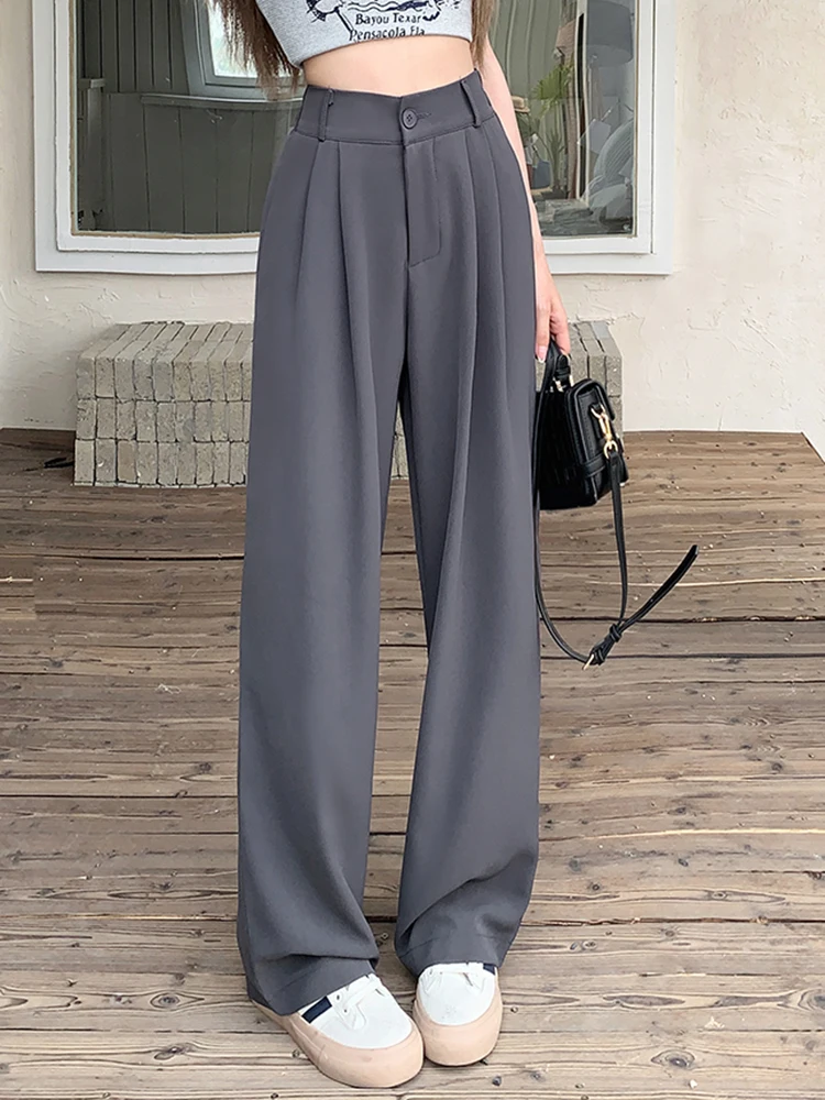 Jielur Summer Chic Elastic Waist Suit Trousers Female OL Wide Leg Pants Women New Loose Casual Simple Straight Pants Woman S-XL