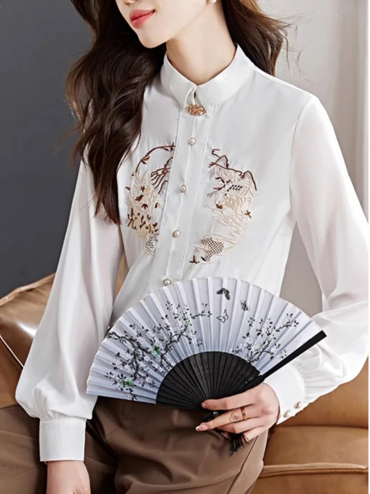 #3201 White Long Sleeve Shirts Women Embroidery Chinese Style Vintage Loose Stand Collar Womens Tops And Blouses Pearl Buttons