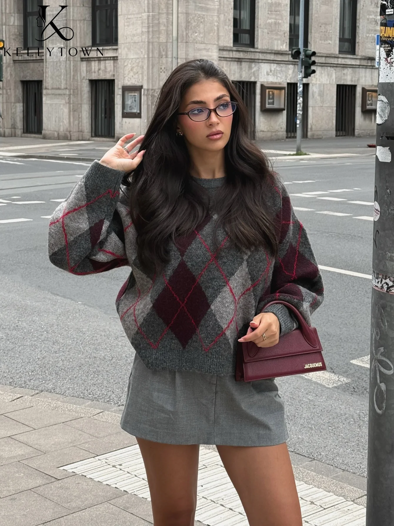 2026 Vintage Argyle-Muster Strickpullover für Damen, Herbst-Winter Strickwaren, Dicke Warme Pullover und Oberteile