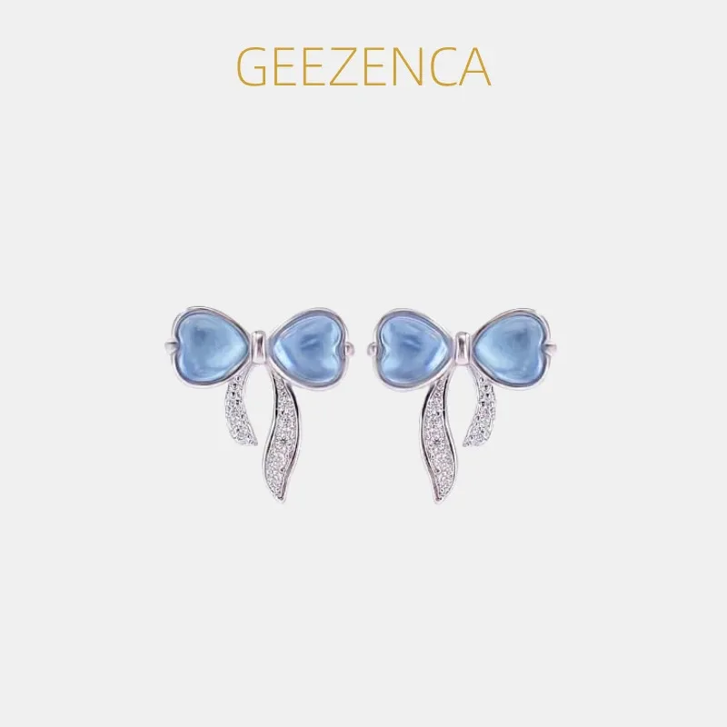 

GEEZENCA Heart Aquamarine 925 Sterling Silver Bowknot Stud Earrings Women Cubic Zirconia Dainty Lightweight Small Earring Gift