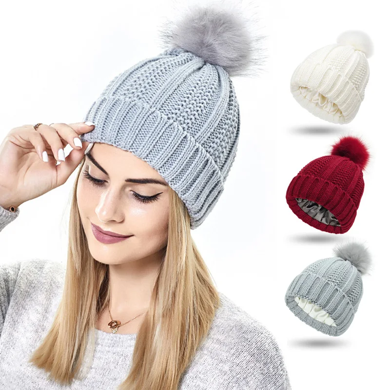 Loose Beanies Knitted Hat for Women Outdoor Cycling Hiking Winter Warm Knit Cap Protective Hairstyle Silky Stretch Satin Lining