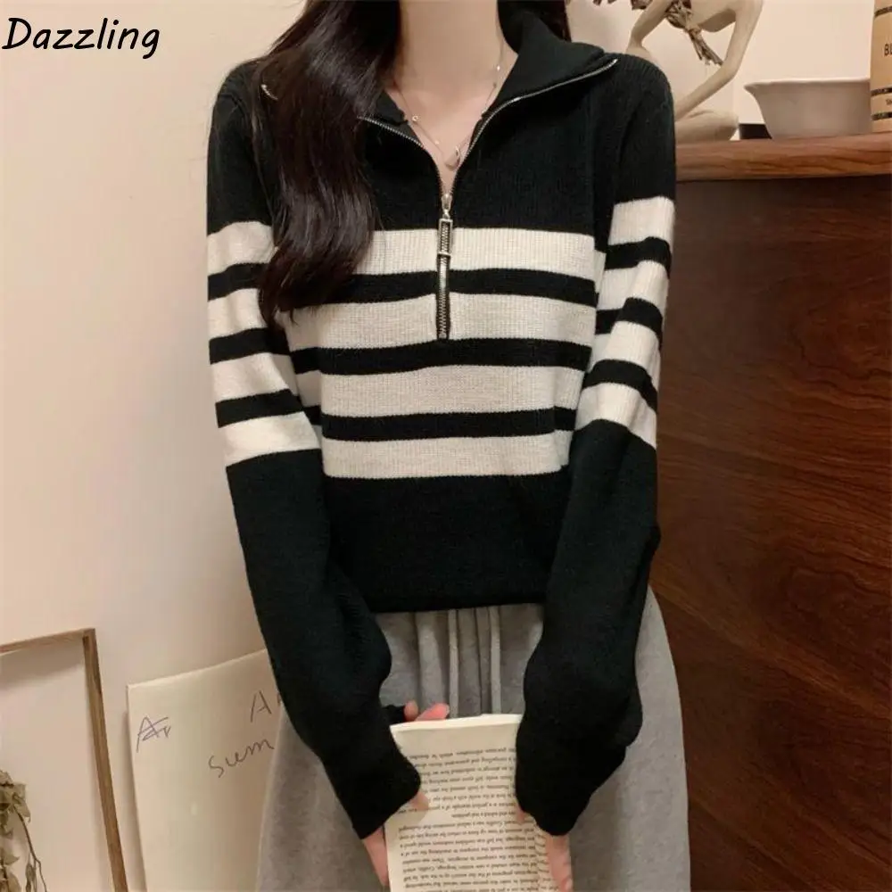 

Простой вязаный свитер в полоску с длинными рукавами на молнии, осень-зима, вязаный крючком трикотаж, облегающий мягкий вязаный укороченный топ, осень-весна