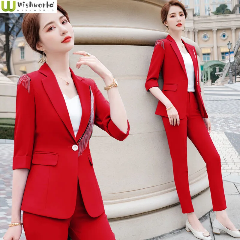 2022 New Women's Suit Korean Spring and Summer Slim Fit Fashion Medium Sleeve Small Suit Two-piece Elegant Women's Suit