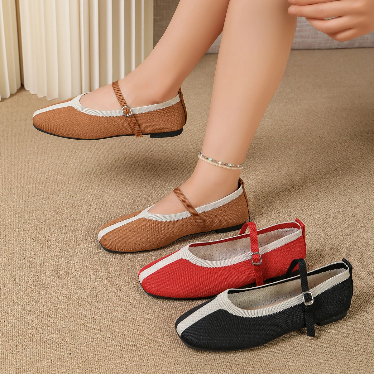 Women's 2026 New Fashion Knitted Color Matching Flat Shoes Spring and Autumn Buckle Design Leisure Non-slip Low-top Shoes
