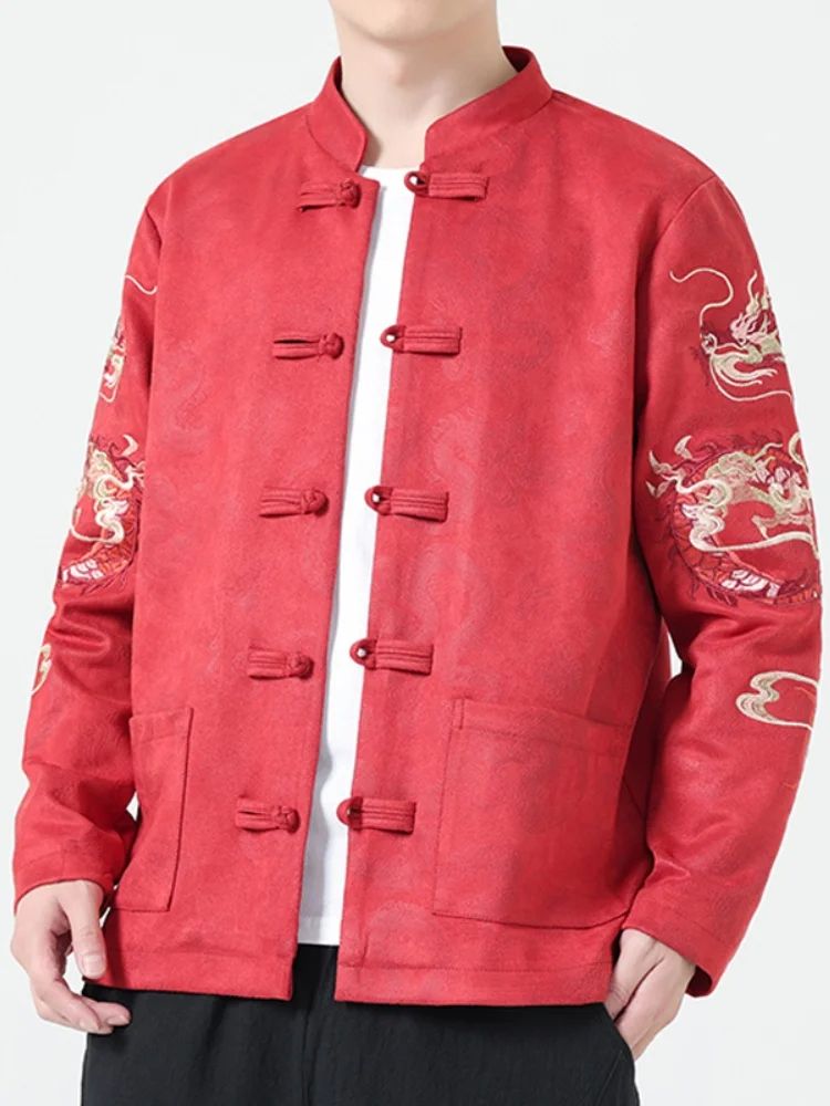 

Новая китайская мужская рубашка с вышивкой, на пуговицах, с воротником, длинным рукавом, дышащая, модная, для весны, осени и зимы, повседневная одежда