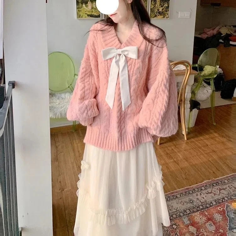 

Autumn Winter Soft Cozy V-Ne Knitwear Women's Loose Outerwear Long Sve Knot Sweater Warm Commute Sle Faion